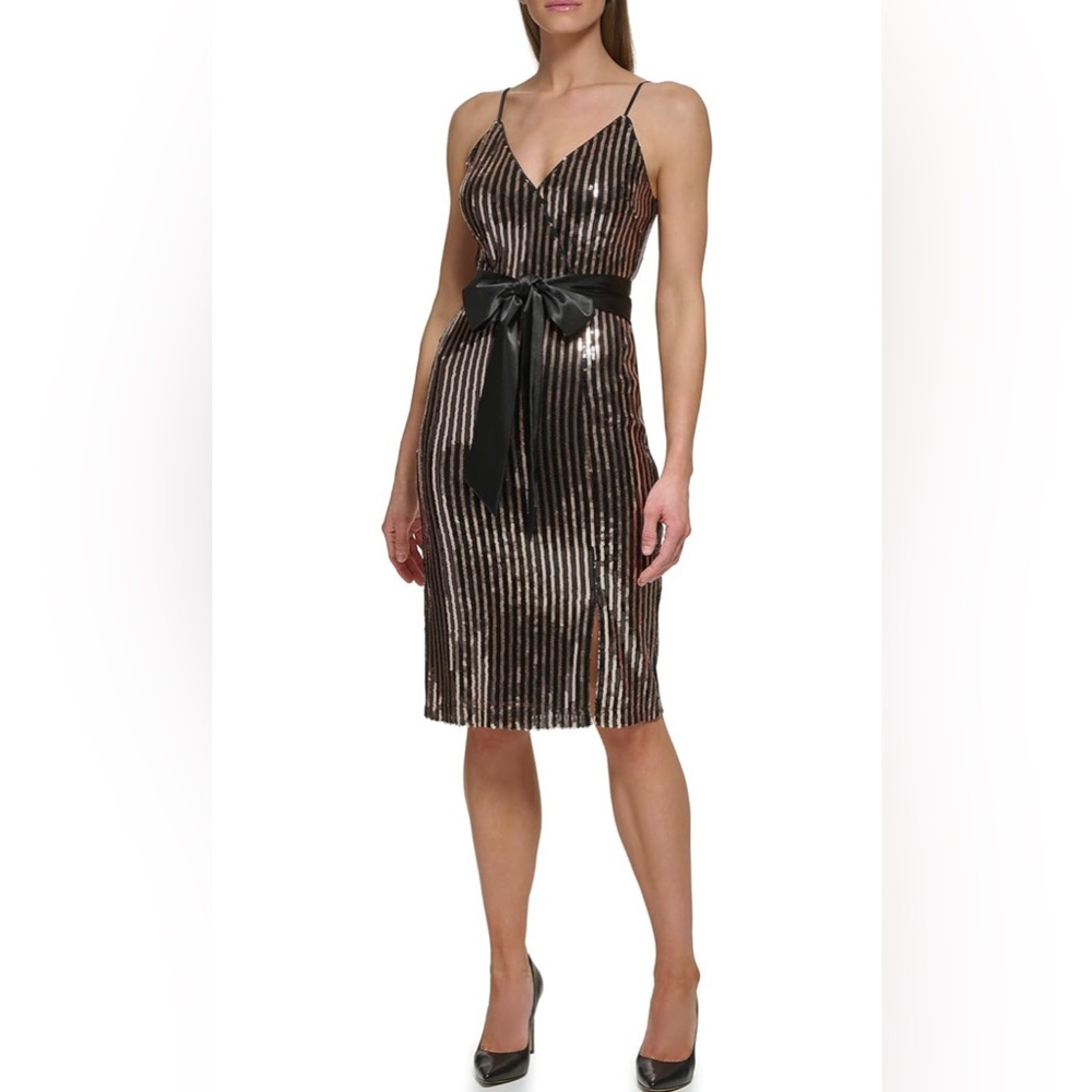 NWT Eliza J $148 MSRP Black & Rose Gold Sequin Spaghetti Strap Midi Dress Size 2